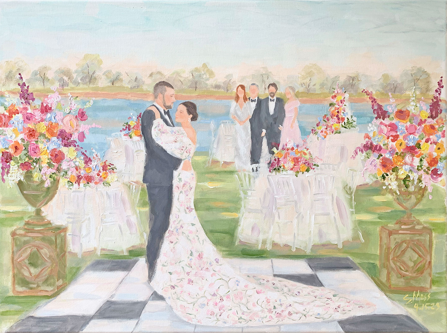 Live Wedding Reception painting of first dance at ranch in Wichita Falls, Texas by artist Susan Moss Cooper
