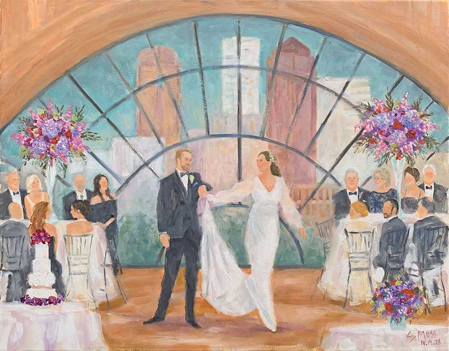 Painting of First Dance with Dallas Skyline by Susan Moss Cooper Live wedding painting of first dance at the Crescent Club, Dallas Texas by Susan Moss Cooper