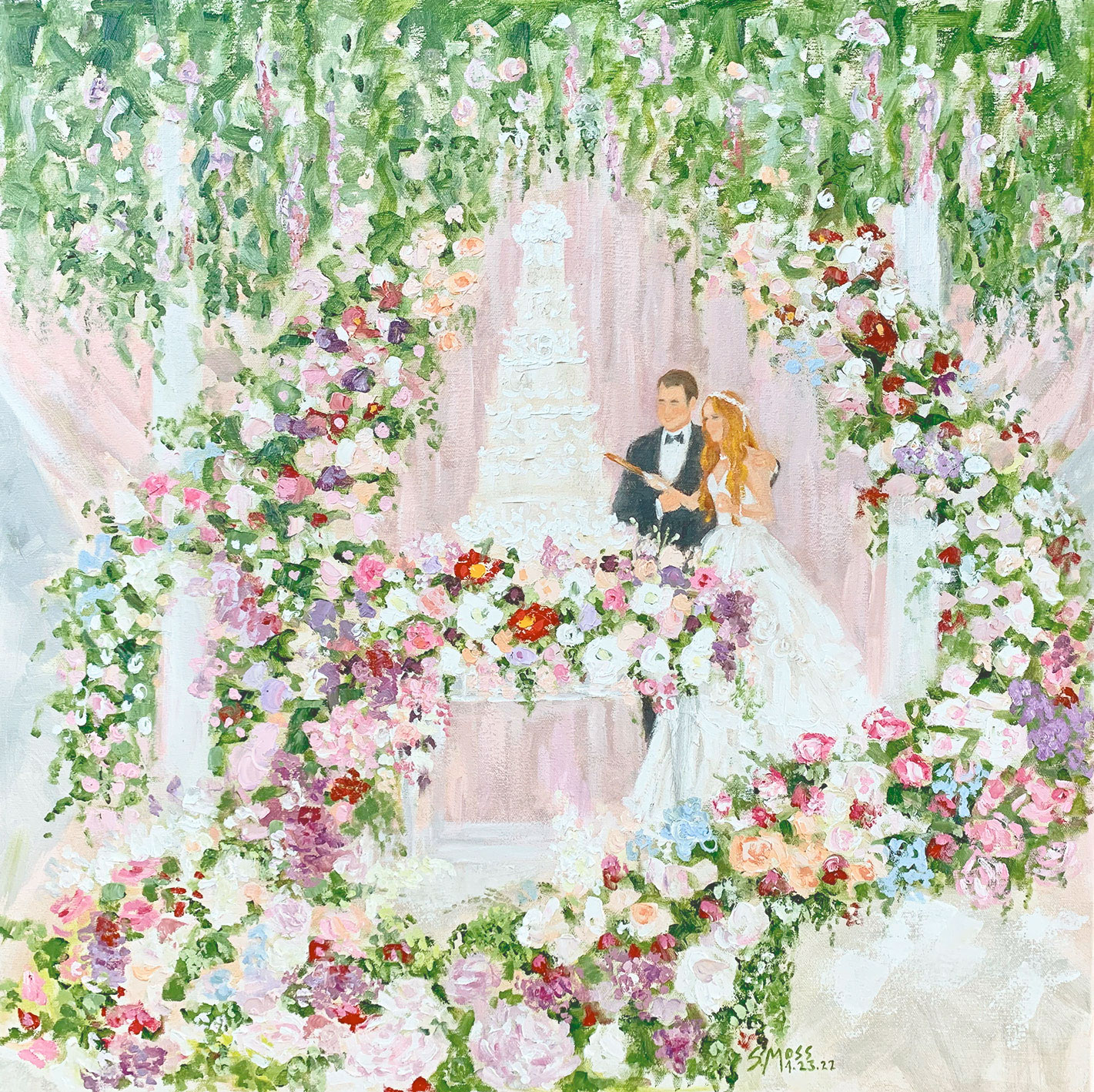 Live oil painting of Ciara Cooley cutting the cake at her wedding, Dallas Texas by Susan Moss Cooper