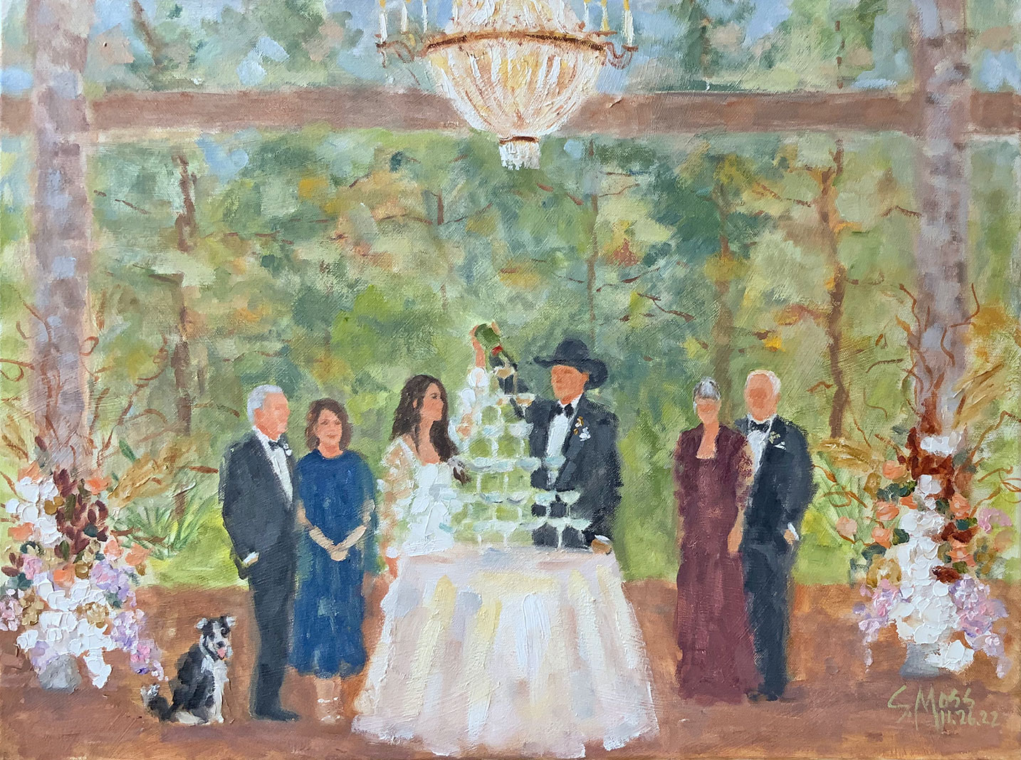 Live Event Wedding Painting of champagne tower at the Drover Hotel, by artist Susan Moss Cooper