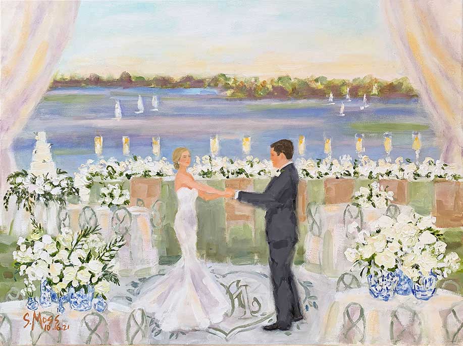 First Dance painting at White Rock Lake in Dallas Live wedding painting by Susan Moss Cooper at the Dallas Arboretum, oil painting