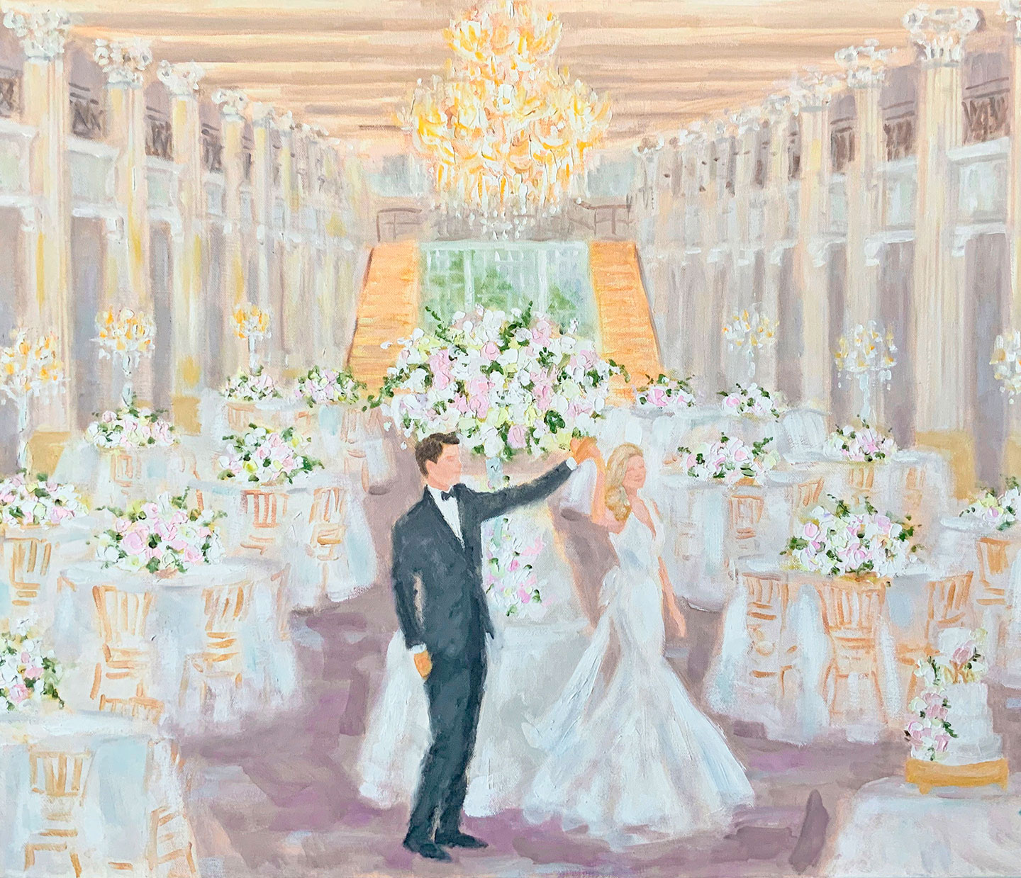 Beautiful oil painting of newly married couple's first dance at The Corinthian in Houston, by Dallas Artist Susan Moss Cooper, texture