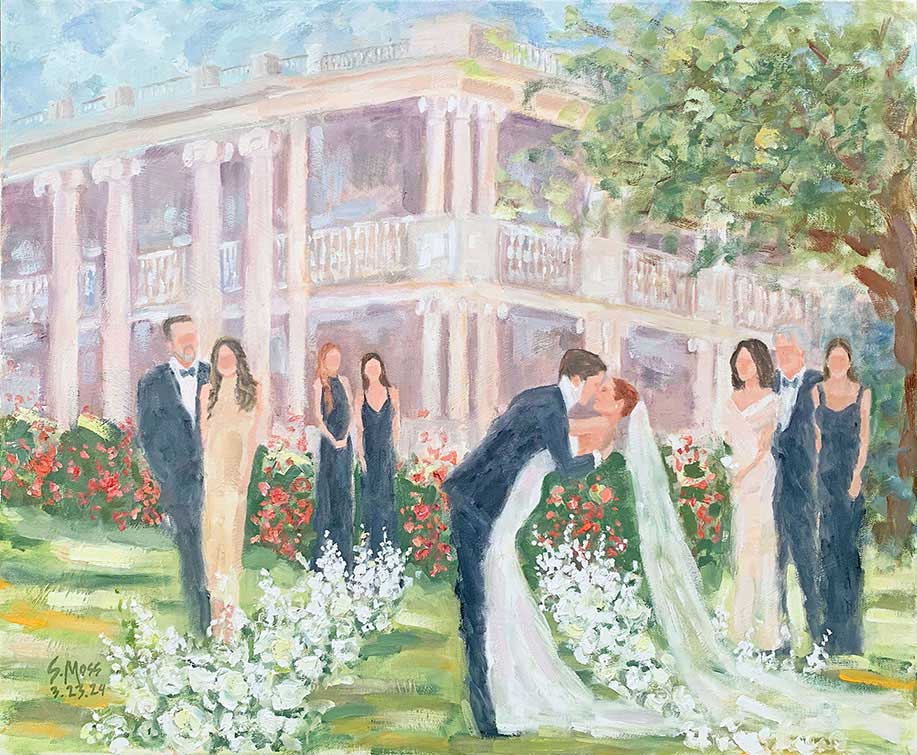 Wedding Painting by Susan Moss Cooper, Austin First kiss painting at historic Hotel Ella in Austin Texas by Susan Moss Cooper