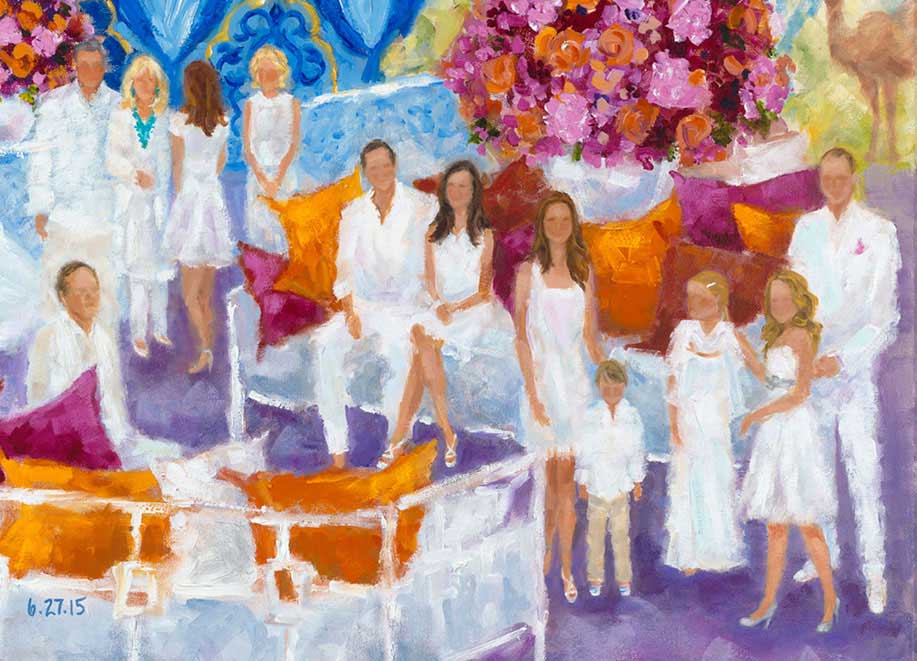 Elisa Hill Summers Birthday Party painting by Susan Moss Cooper, Dallas. oil on canvas. Elisa Hill Summers, Stephen Summers, Ray Washburne, Heather Hill Washburne, Live Event Painting of Birthday Party, oil on canvas