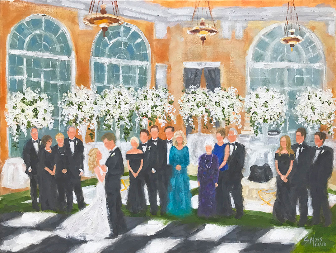 Live Event wedding painting of first dance at Union Station, Dallas, Texas by Susan Moss Cooper.  oil on canvas 18x24