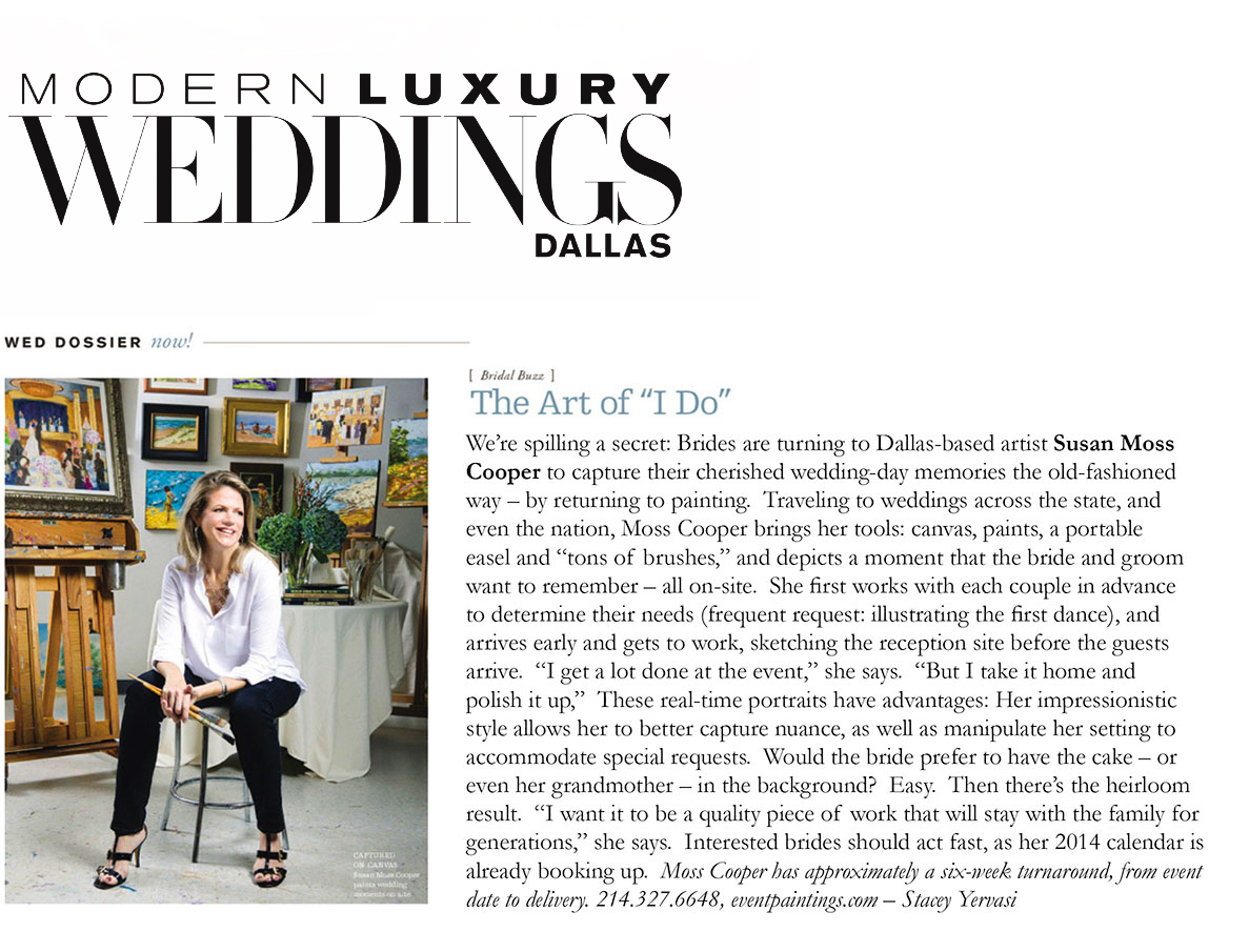 Article about Susan Moss Cooper's live wedding paintings in Modern Luxury Weddings, Dallas Texas