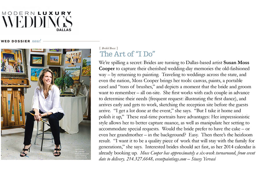 Article about Susan Moss Cooper's live wedding paintings in Modern Luxury Weddings, Dallas Texas