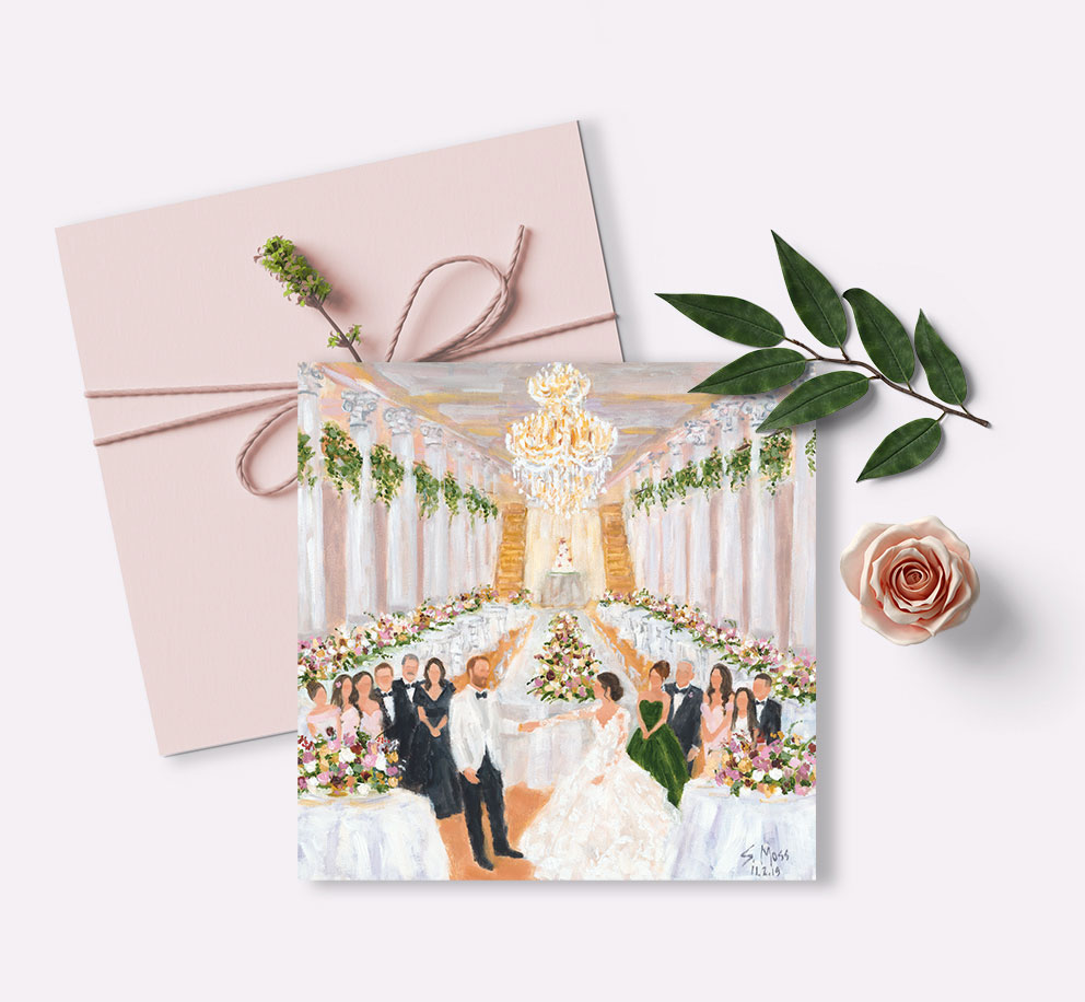 Create custom thank you note cards from your live wedding painting by Susan Moss Cooper Susan Moss Cooper, Dallas Texas, specializes in wedding and live event paintings, plein aire and luxury events. Notecard from wedding painting.
